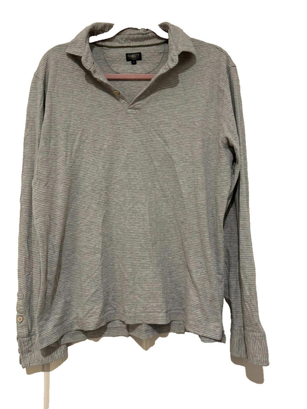 Faherty long sleeve collared shirt grey stripee sz M two buttons cotton #3293‎